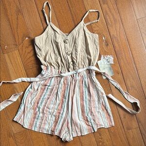 Lily Rose Cream and Pink Romper with Spaghetti Straps and Waist Tie